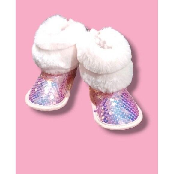 First Steps Sequin Toddler Size 4 Baby Girl Fluffy Faux Fur Shiny Slipper Boots - Picture 14 of 16